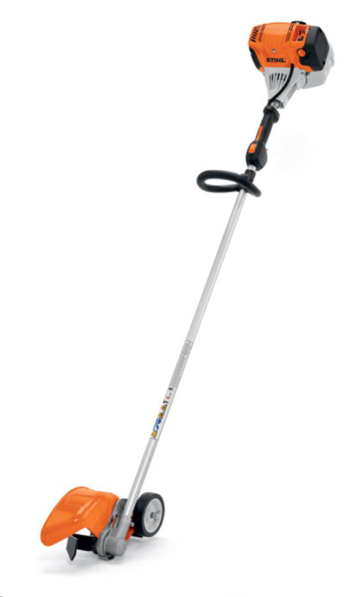 Orange and white gas-powered lawn edger with a long handle and single guide wheel against a white background.