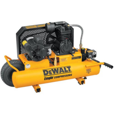 Yellow DeWalt Emglo portable air compressor with two wheels and a black handle on a plain white background.