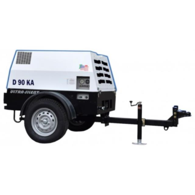 A white and black D 90 KA ultra-silent portable air compressor on a trailer with wheels and a hitch.