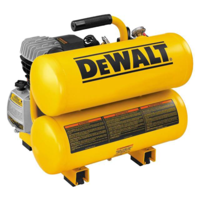 A yellow DEWALT dual-tank portable air compressor with a black handle and a silver motor.