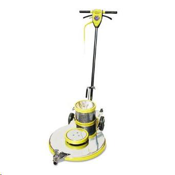 Yellow and metallic industrial floor buffer with a long handle and circular base.