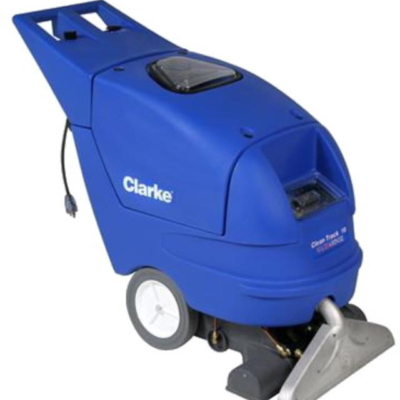 A blue Clarke Clean Track 12 carpet extractor machine on a white background.