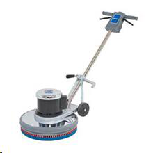A commercial floor scrubber machine with a black motor, silver deck, and blue circular brush, standing on a white background.