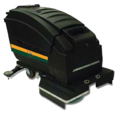 A black industrial floor scrubber with green and yellow accents, shown against a plain white background.