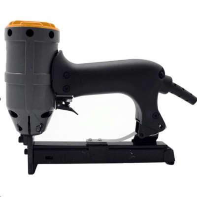 Electric staple gun with a grey body, black handle, and yellow cap, isolated on a white background.