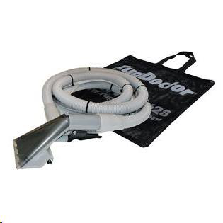 A grey upholstery cleaning tool with a long hose and trigger handle, resting in front of a black carrying bag.