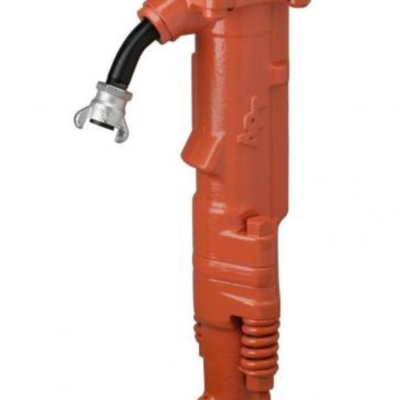 Orange pneumatic jackhammer with black hose and metal coupling.