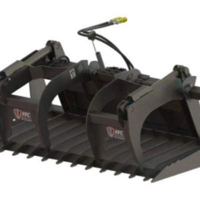 Dark gray grapple attachment with tines and two curved arms, used on heavy machinery.