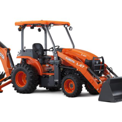 An orange Kubota L47 tractor loader backhoe with a front bucket and rear digger attachment.
