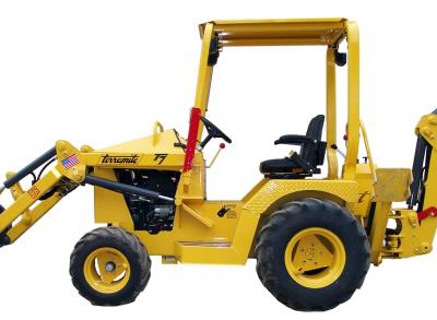 A yellow Terramite backhoe loader with a front bucket and rear digging arm on a plain white background.