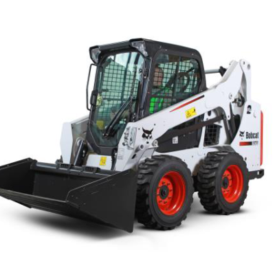 A white and black Bobcat skid-steer loader with a front bucket and orange wheels, parked against a white background.