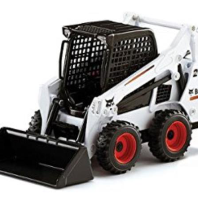 A white and black toy Bobcat skid-steer loader with red-rimmed tires on a plain white background.