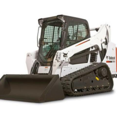 A white Bobcat compact track loader with a black bucket and rubber tracks against a white background.