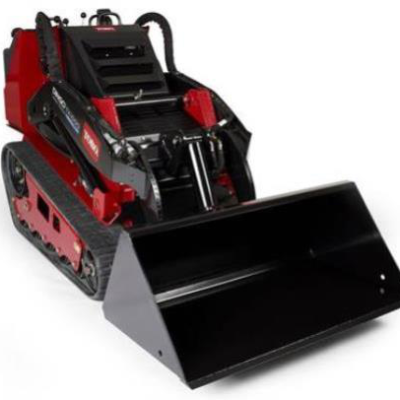 A red and black stand-on tracked skid steer loader with a large black bucket attachment, set against a white background.