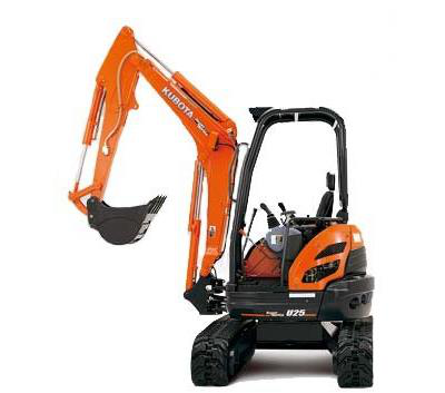 A bright orange Kubota compact excavator on tracks, viewed from the front with its arm and bucket raised.