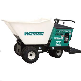A Whiteman WBH-16 motorized power buggy with a white plastic bucket and a green engine housing on a white background.