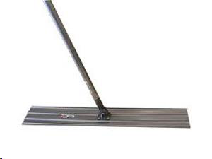 A long, grey concrete bull float tool with a handle attached to a flat metal blade, isolated against a white background.