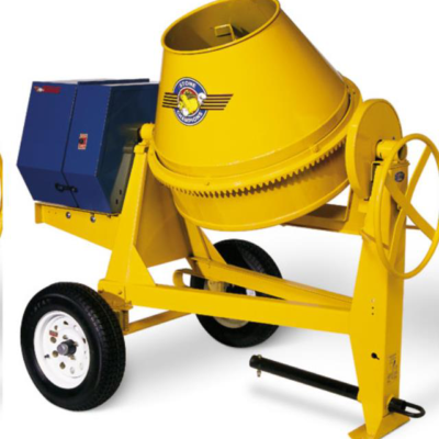 A yellow cement mixer on a metal frame with black wheels and a blue engine cover on a white background.