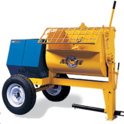 Yellow towable mortar mixer with a blue engine cover and grid safety guard, set against a plain white background.