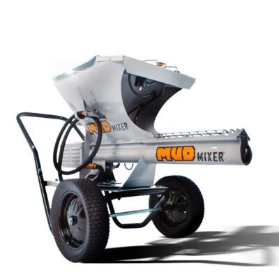 A portable Mud Mixer machine with wheels and a metal chute, used for mixing construction materials, on a white background.