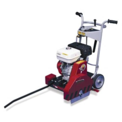 A red and white walk-behind concrete saw with a metal handle and wheels, shown against a white background.