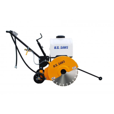 A yellow U.S. SAWS walk-behind concrete saw with a white water tank and a circular blade, isolated on a white background.