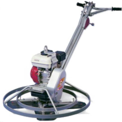 A walk-behind concrete power trowel with a gas engine, silver frame, and protective metal ring around the blades.