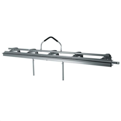 A portable, silver metal brake tool for bending sheet metal, featuring a central handle and two downward-extending legs.