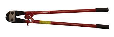 A pair of heavy-duty red bolt cutters with black handle grips, shown against a plain white background.