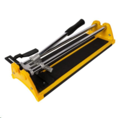 A yellow and black manual tile cutter with a metal rail and handle on a white background.