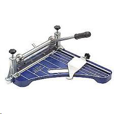 A blue and silver metal mitre shear tool with a long handle, used for cutting trim or molding at precise angles.