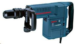 Blue Bosch industrial demolition hammer drill with a black side handle and tool chuck, isolated on a white background.