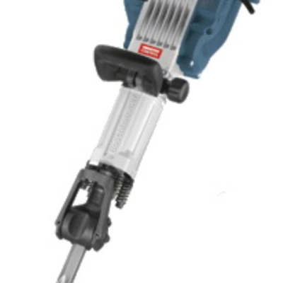 A close-up of a blue and silver Bosch demolition hammer tool, focusing on the chuck and auxiliary handle assembly.