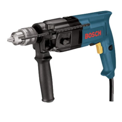 A blue and black Bosch corded hammer drill with a side handle, viewed from the side on a plain white background.