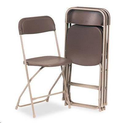 One brown folding chair stands open next to a stack of three matching folded chairs against a white background.