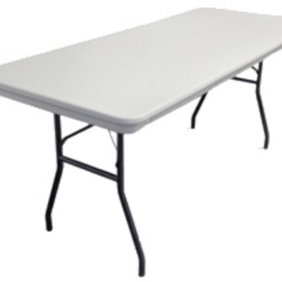 A white, rectangular folding table with black metal legs set against a plain white background.