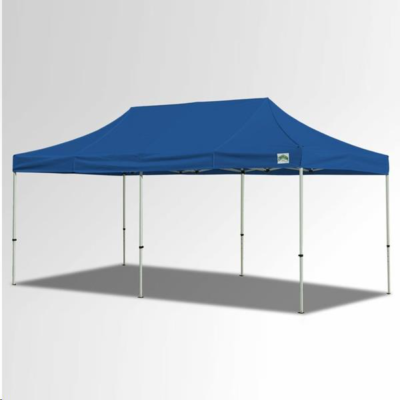 A blue, rectangular pop-up canopy tent with a metal frame, set against a plain light gray background.
