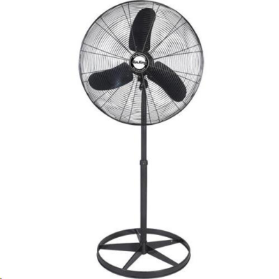 A black industrial pedestal fan with three blades and a round, spoked base on a white background.