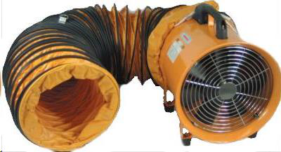 A portable orange industrial ventilation fan with a long, attached flexible yellow duct hose.
