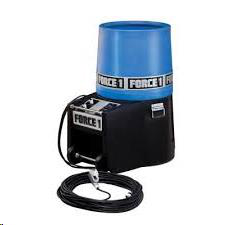 A Force 1 baseball pitching machine with a blue hopper atop a black motor housing and a connected power cord.
