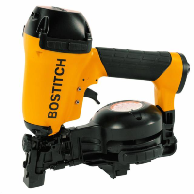 A yellow and black Bostitch pneumatic coil nailer on a plain white background.