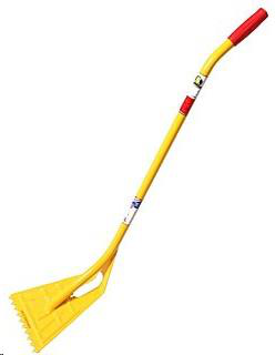 A yellow roof rake with an angled handle and red grips, designed for removing snow from roofs.