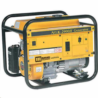 A yellow MMD Equipment NGK-2900H portable generator with a black metal frame on a white background.