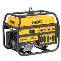 A yellow and black DeWalt portable generator with a Honda engine, enclosed in a protective metal frame.