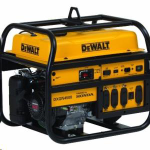 A yellow and black DeWalt DXGN4500 portable generator with a Honda engine, encased in a protective black metal frame.