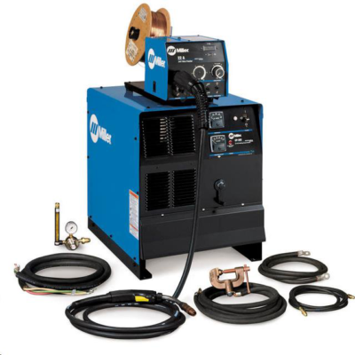A Miller industrial MIG welding system, including a blue power source, wire feeder, welding gun, cables, and regulator.