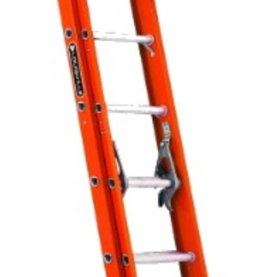 Orange extension ladder, partially extended. Metal rungs and locking mechanism visible. Against a white background.