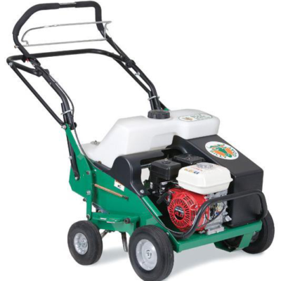 A green walk-behind power overseeder with a large white seed hopper and a red Honda engine on a white background.