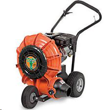 An orange and black push-behind gas leaf blower on wheels with a handle, set against a plain white background.