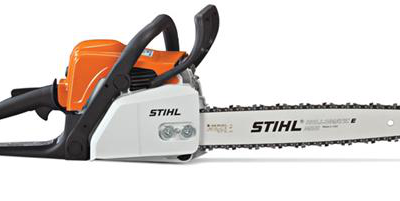A Stihl chainsaw with an orange engine housing, a white side cover, and a metal cutting bar, shown against a white background.